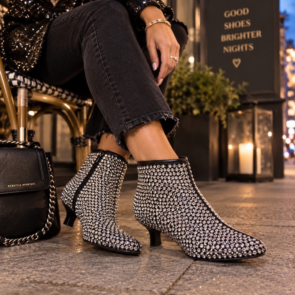 Rebecca Minkoff Rhinestone Mesh Ankle Boots Black Crystal Pointed Toe Booties 6M